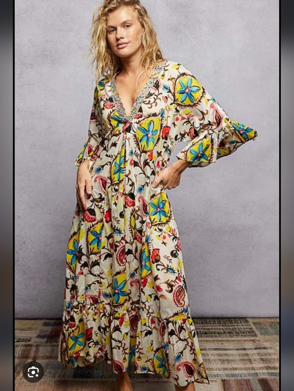 POL Floral V-Neck Maxi Dress in Cream with Yellow & Blue Accents